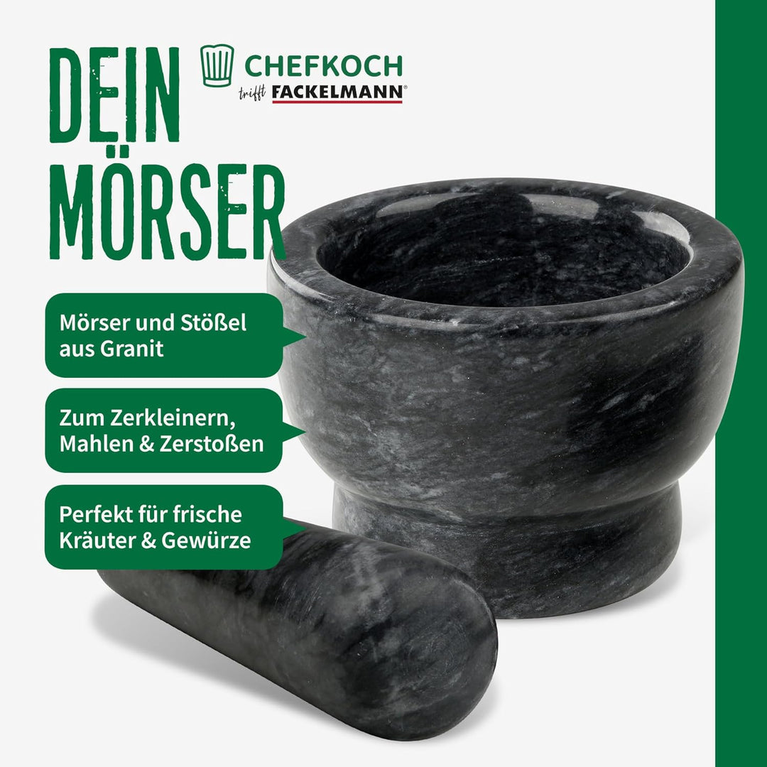 Chefkoch Mörser mit Stössel aus Granit – Zum Zerleinern, Mahlen & Zerstossen – Perfekt für frische K