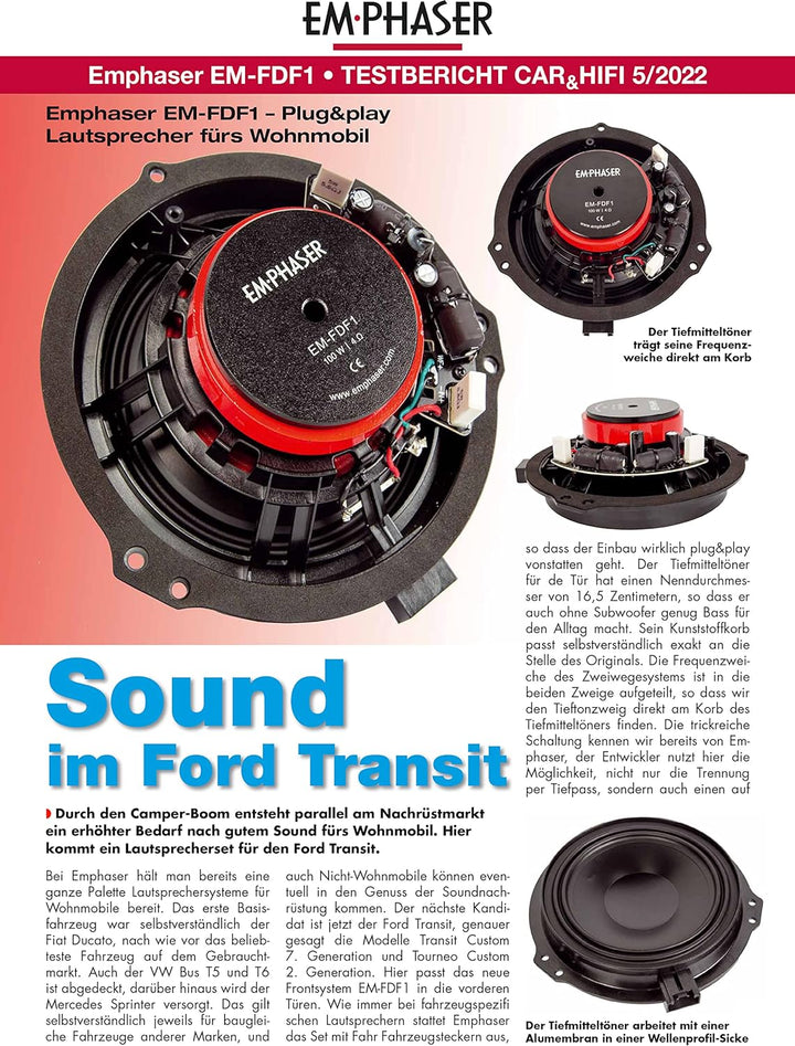EMPHASER EM-FDF1 – Lautsprecher Set kompatibel mit Ford Transit, Transit Custom und plattformverwand