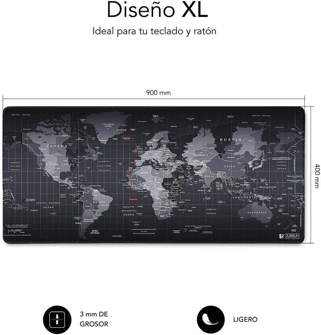 SUBBLIM World XL Mousepad schwarz Teppich Raton 90 x 40 cm Design Weltkarte
