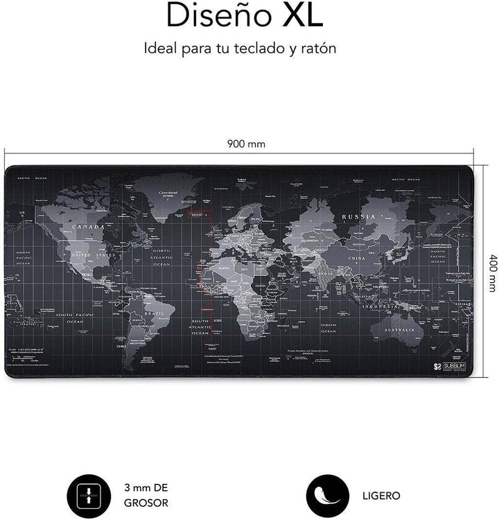 SUBBLIM World XL Mousepad schwarz Teppich Raton 90 x 40 cm Design Weltkarte