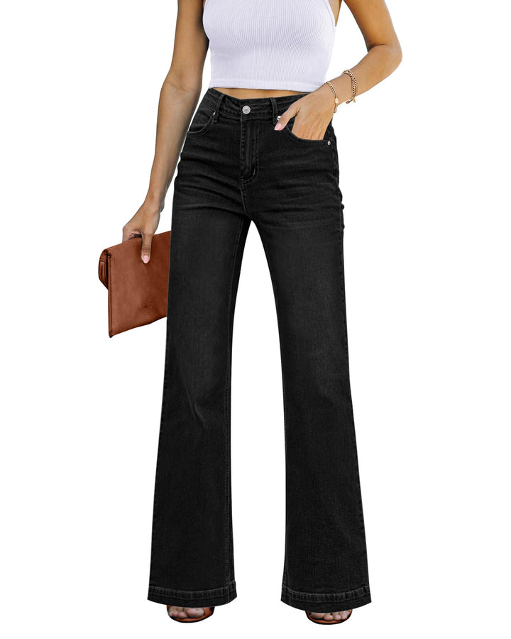 Schlaghose Damen High Waist Wide Leg Baggy Jeans Stretch Hosen, XS Schwarz Gewaschen