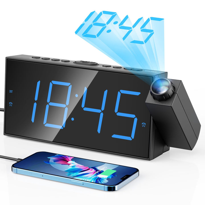 Projektionswecker, 7-Zoll-Digitalanzeige und -dimmer, Doppelalarme, USB-Anschluss, einstellbare Alar