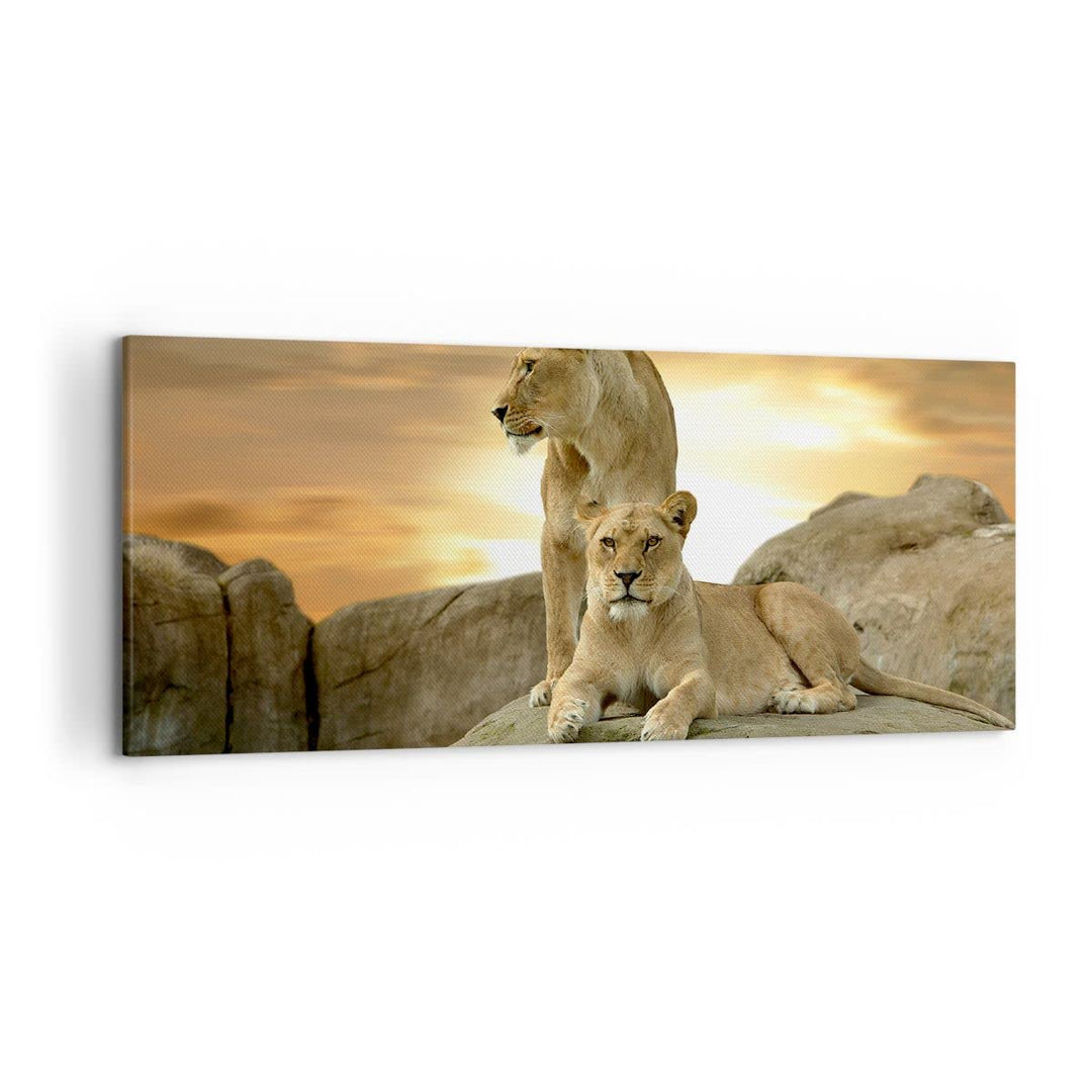 Wandbilder Dekoration Wohnzimmer Löwen Sonnenuntergang Felsen Krallen Bilder auf Leinwand 120x50cm L