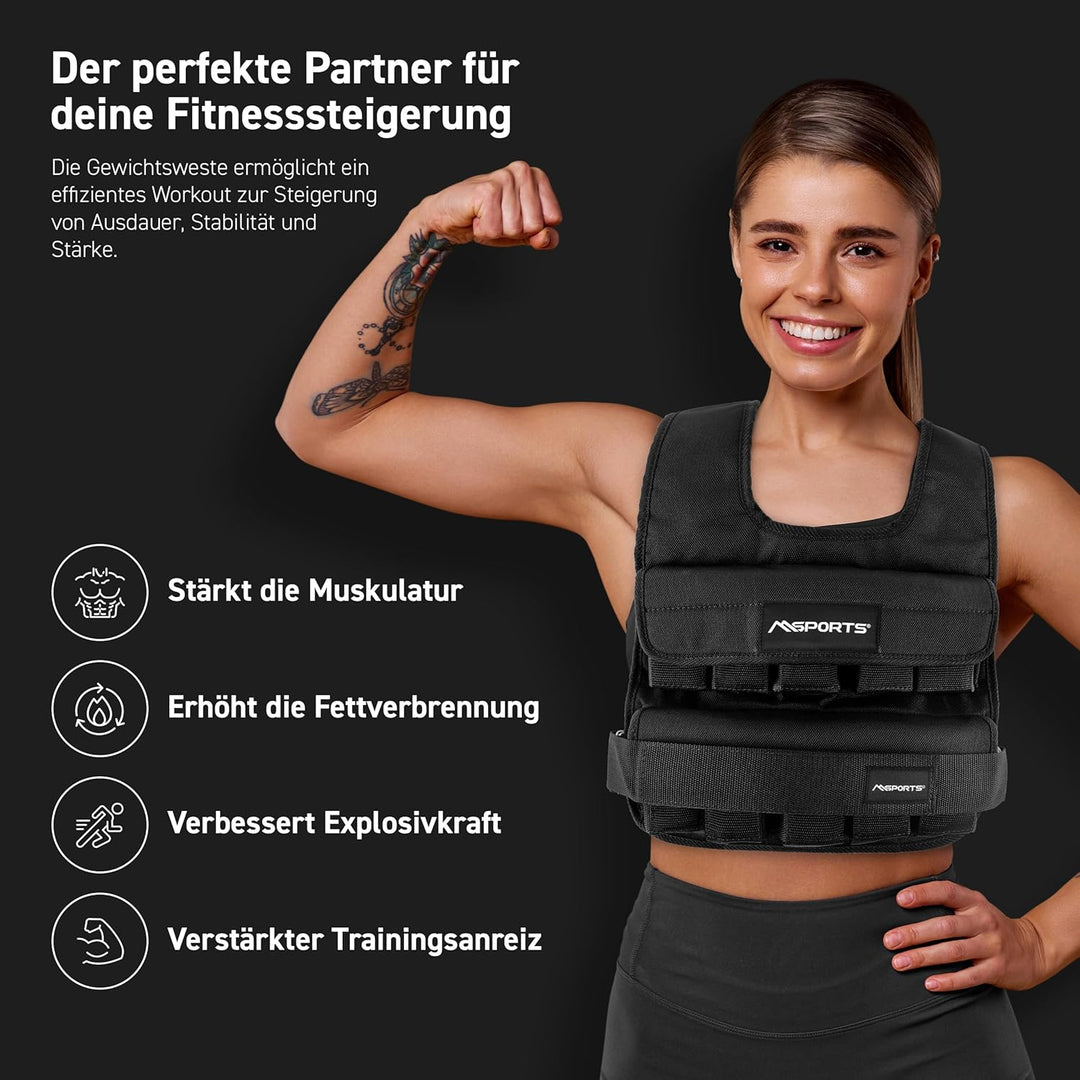 MSPORTS Gewichtsweste Premium Verstellbar von 5 kg - 30 kg Gewicht für Training Krafttraining 15 kg
