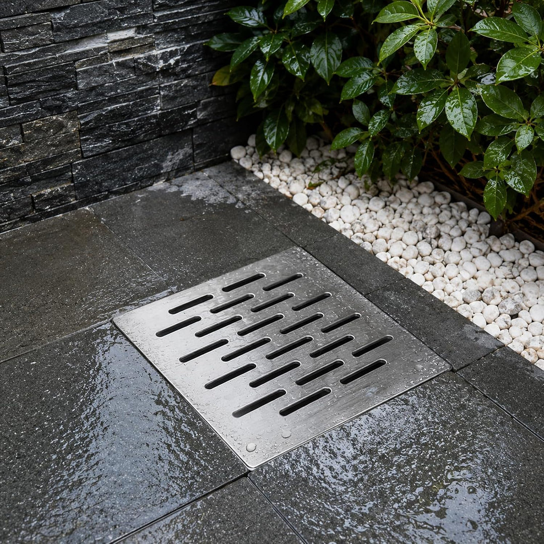 Edelstahl Bodenablauf mit Rahmen, 150x150x20MM Abflussgitter Quadratisch, Bodenablaufabdeckung rutsc
