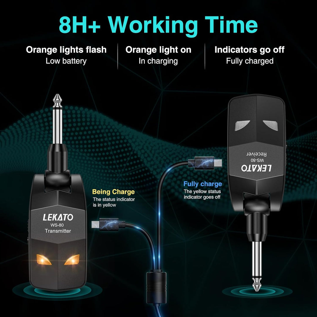 LEKATO 2,4 GHz kabelloses Gitarrensystem, kabelloser Gitarrensender und -empfänger, wiederaufladbare