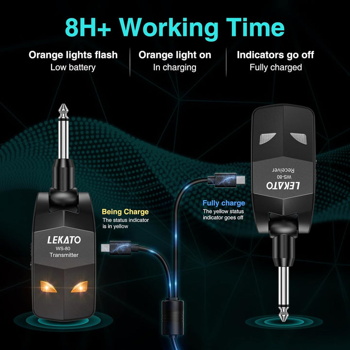 LEKATO 2,4 GHz kabelloses Gitarrensystem, kabelloser Gitarrensender und -empfänger, wiederaufladbare