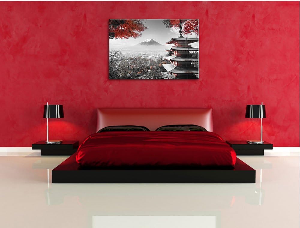 Pixxprint Japanischer Tempel im Herbst Schwarz/Weiss, Format: 100x70 auf Leinwand, 100x70