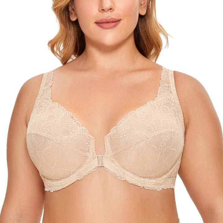 DELIMIRA Damen Vorderverschluss Vollschalen Bügel BH Durchsichtig Ohne Polster, Beige