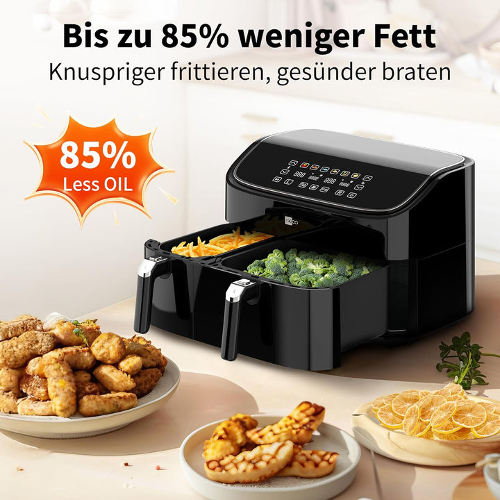 aeco DUO Doppelkammer AirFryer 9 Liter (3l & 6l, Sync-Funktion, Heissluftfritteuse mit digitalem Tou