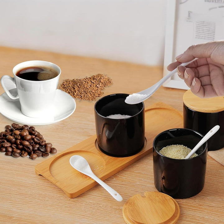 3 Stück Keramik Zuckerdose, Topf mit Salz, Gewürzglas, Box mit Löffel und Bambusdeckel (schwarz) Noi