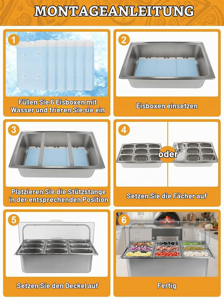 TOROKOM 10 Pfannen Edelstahl Zutatenbehälter Gewürz Organizer aus Edelstahl Salatbar Buffet Station