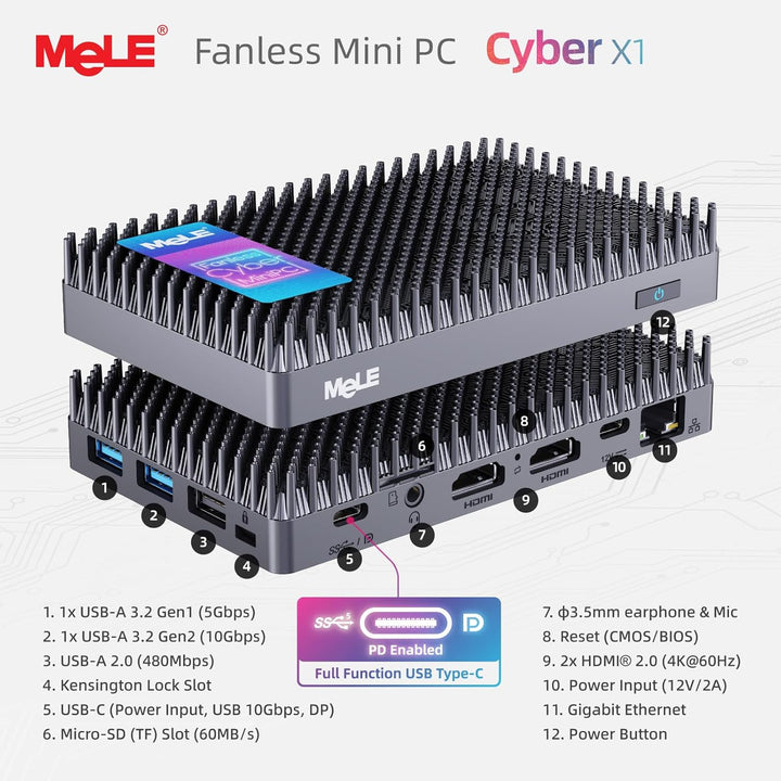 MeLE Mini-PC ohne Lüfter, Cyber X1 N150, 16 GB RAM, 512 GB SSD, USB-C voll funktionsfähig mit USB PD