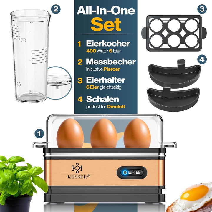 KESSER® Eierkocher für 1 bis 6 Eier elektrisch aus Edelstahl 400W & Warmhaltefunktion | Kipp-Funktio