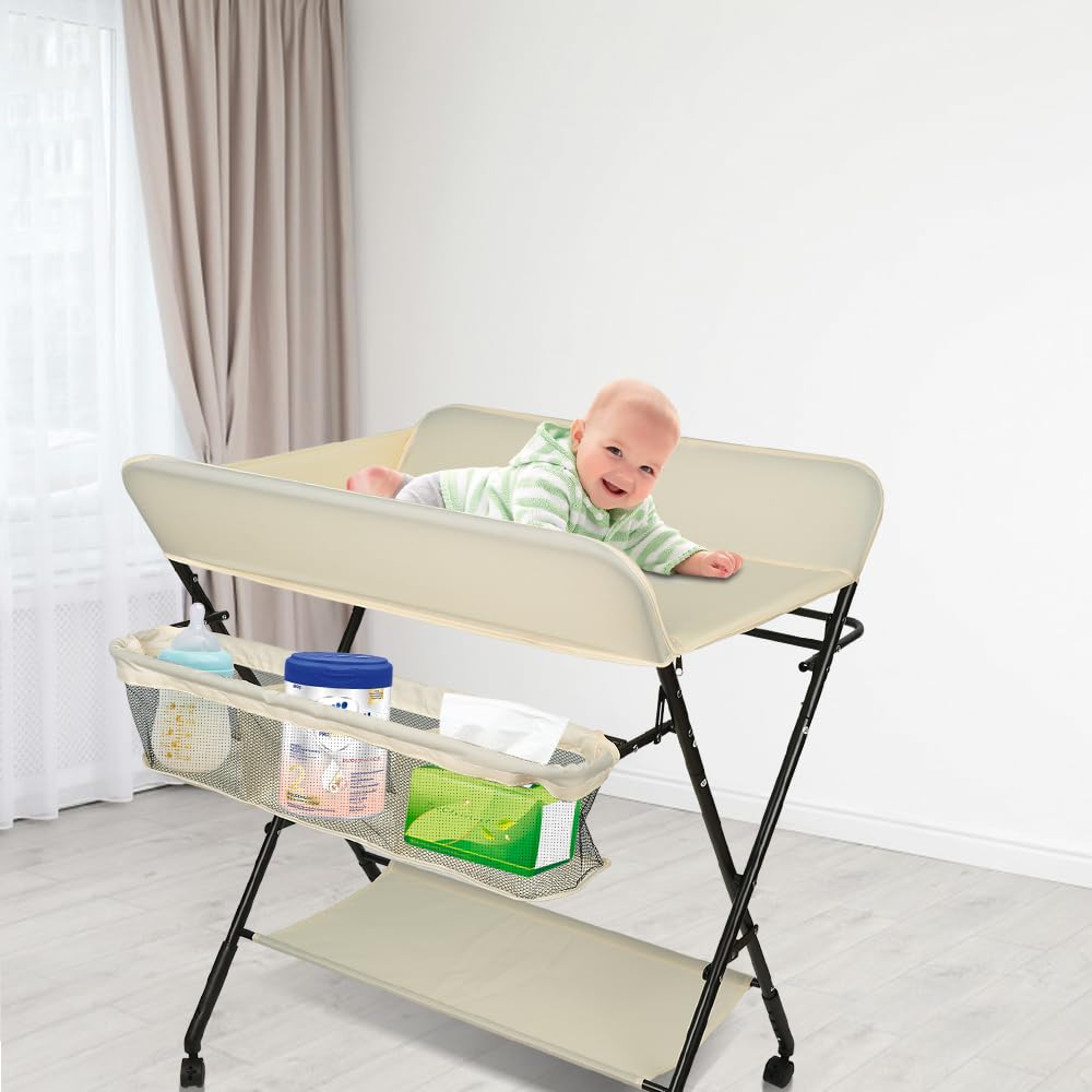 Wickeltisch Klappbar-Wickelkommode Babypflegetisch-Mobiler Wickelkombi mit Wickelauflage, Sicherheit