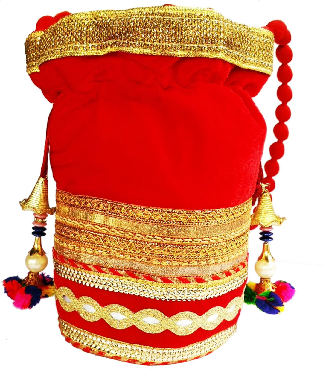 Purpledip Rich Velvet Potli Bag (Clutch, Drawstring Purse, Evening Handbag) For Women With Heavy Gol