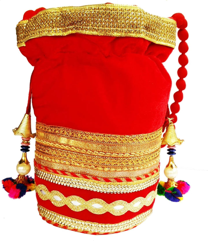 Purpledip Rich Velvet Potli Bag (Clutch, Drawstring Purse, Evening Handbag) For Women With Heavy Gol