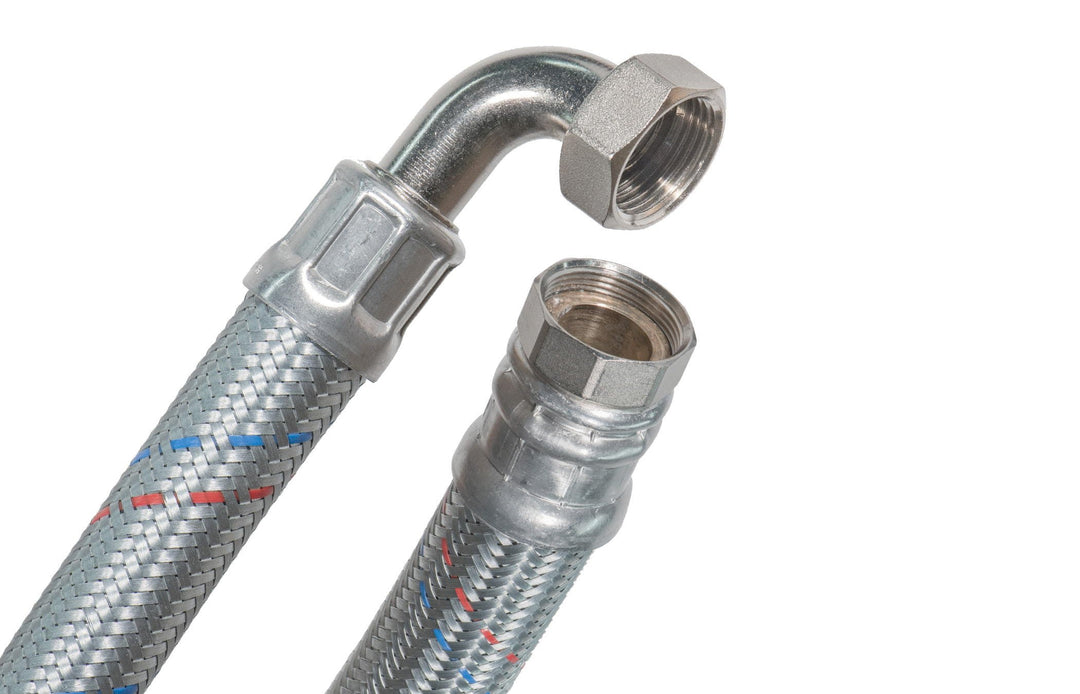 SFX® Flexschlauch 80cm DN25-1 Zoll ÜM x 1 Zoll ÜM mit 90 Grad Bogen Stahldraht Umflechtung Panzersch