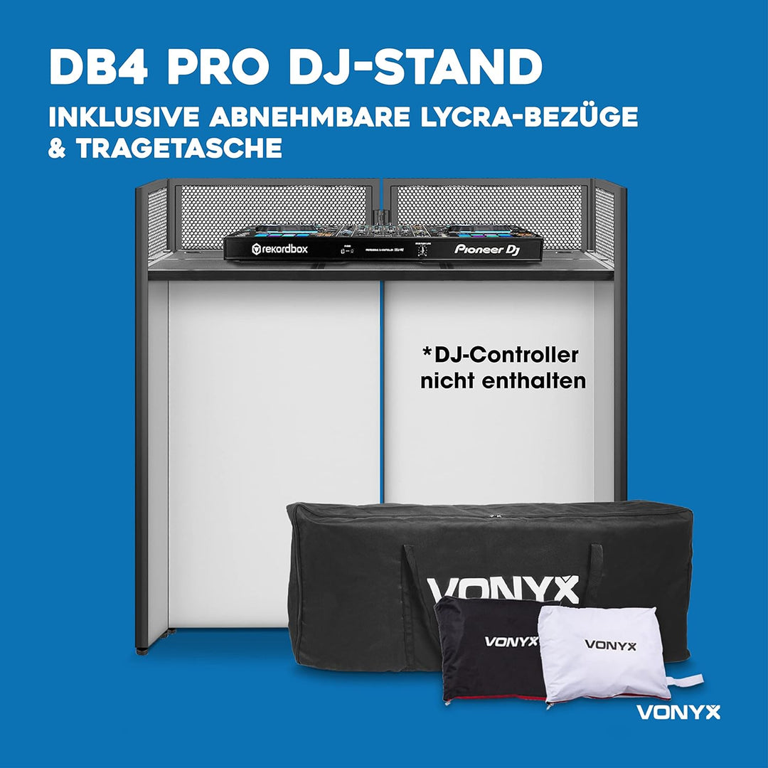 Vonyx DB4 Pro - DJ Tisch, faltbares DJ Pult mobil und klappbar, DJ Booth mit weisser und schwarzer V