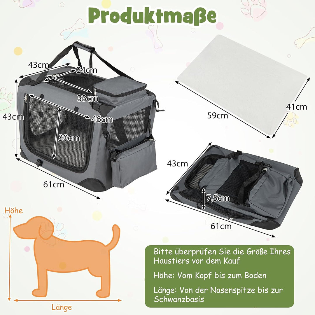 COSTWAY Hundebox Auto, Transportbox Hund faltbar (S-61 x 43 x 43 cm, Grau) Grau S-61 x 43 x 43 cm, G