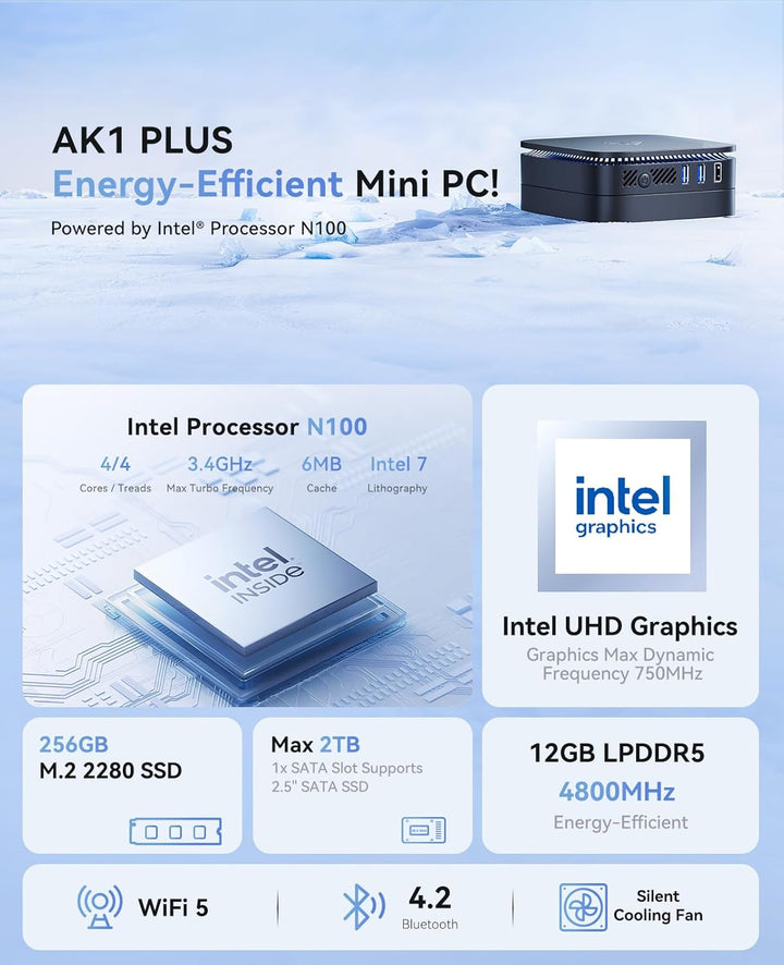 NiPoGi AK1PLUS Mini PC Ιntel Alder Lake-N N100(bis zu 3,4GHz) 12GB LPDDR5 4800 MHz/256GB M.2 SSD,Des