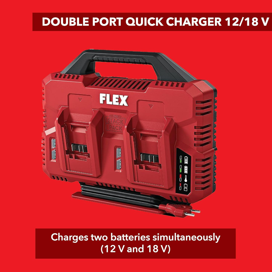 Flex Doppel-Schnellladegerät 12/18 V CA SP 2x12/18 (mit Ladezustandsanzeige, im praktischem Design)