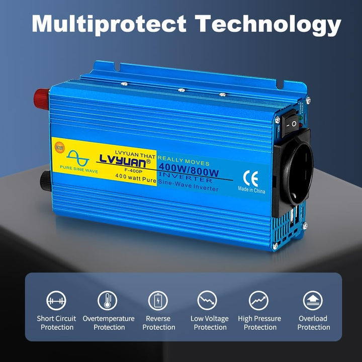 LVYUAN 400W/800W Reiner Sinus-Wechselrichter DC 12V auf 230V AC Spannungswandler mit 1 EU AC Steckdo