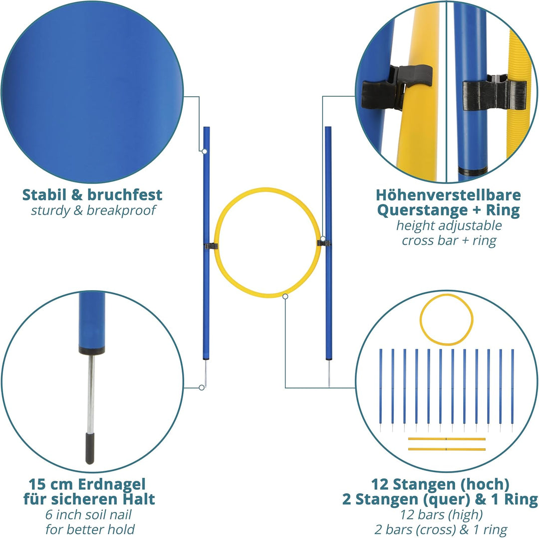 valuents Slalom Stangen mit 2 Hürde + 1 Ring - blau/gelb - Slalomstangen/Hindernis/Sprungring – Agil