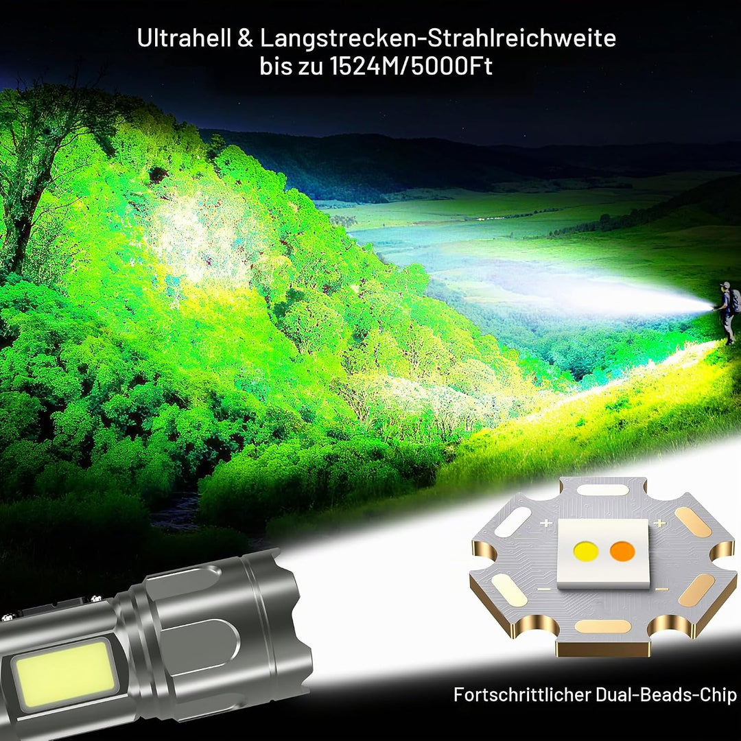 Blukar Taschenlampe LED 2 Farbtemperatur mit Hauptlicht &amp; Seitlich COB-Licht, Aufladbar Extrem Hell