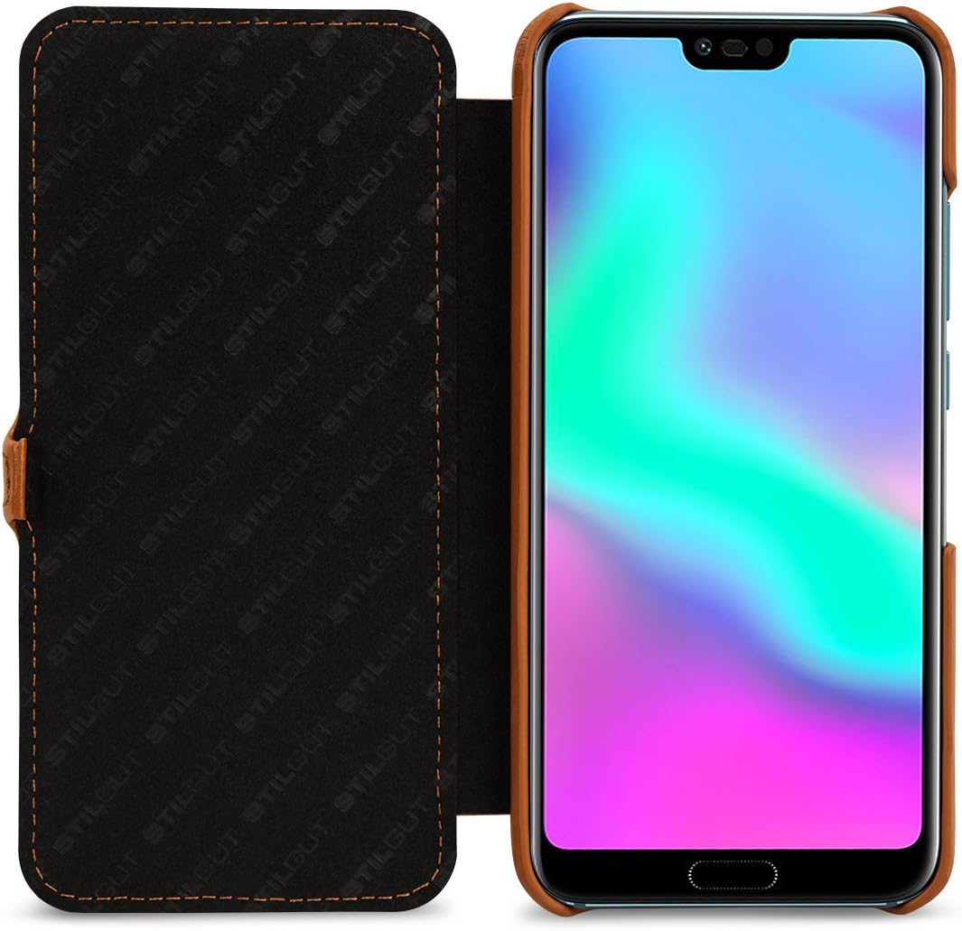 STILGUT Book Type Lederhülle kompatibel mit Huawei Honor 10. Seitlich klappbares Flip-Case aus Echtl