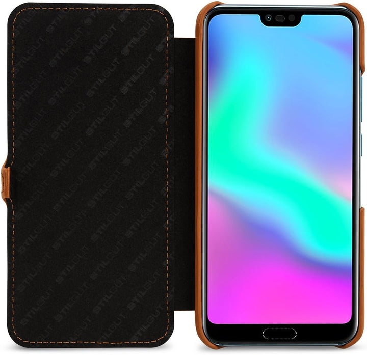 STILGUT Book Type Lederhülle kompatibel mit Huawei Honor 10. Seitlich klappbares Flip-Case aus Echtl