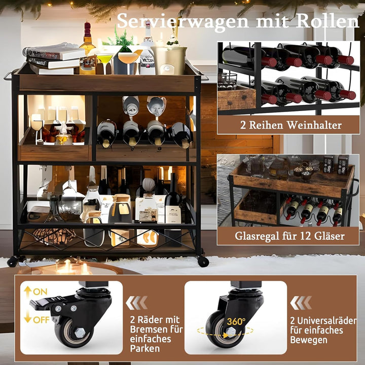 haiorjun Servierwagen mit Rollen, Rollwagen Küche, Küchenwagen Auf Rollen, Barwagen Holz Vintage mit
