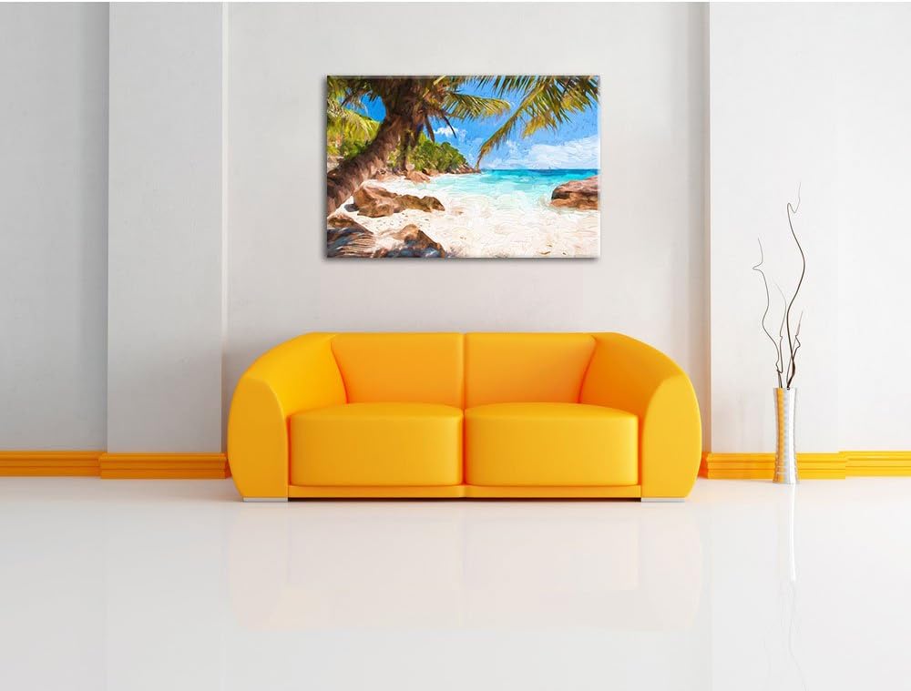 Pixxprint Palmenstrand Seychellen Kunst / 100x70cm Leinwandbild bespannt auf Holzrahmen/Wandbild Kun
