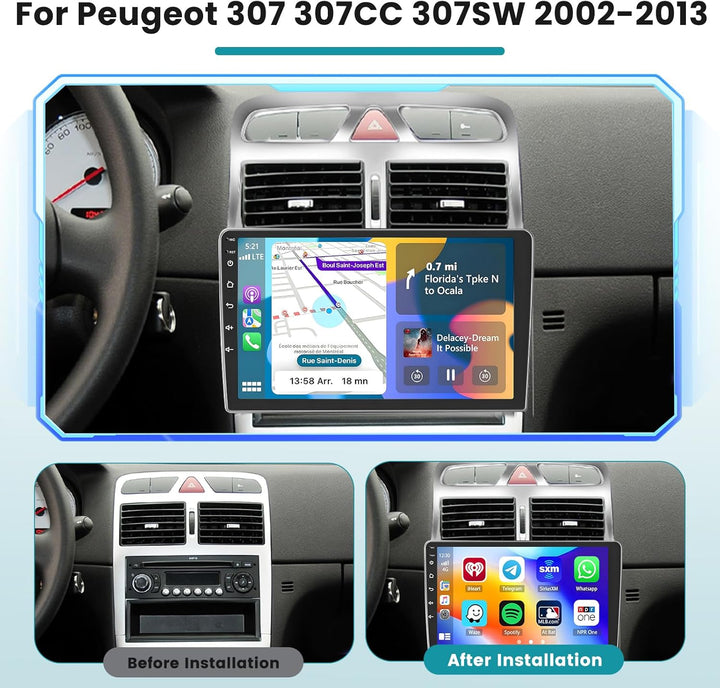 Hikity 2G 64G Android 15 Autoradio Für Peugeot 307 2002-2013 mit Wireless Carplay Android Auto,9 Zol
