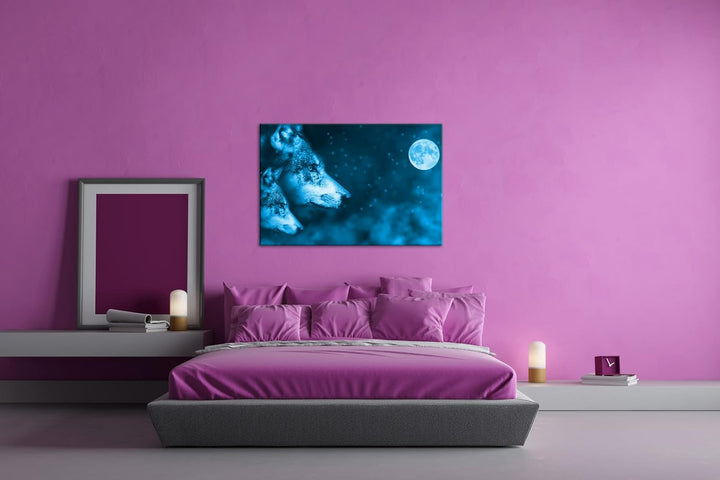 deyoli Wolf-Vollmond-Illustration Format: 100x70 Effekt: Monocrome Blau als Leinwandbild, Motiv fert