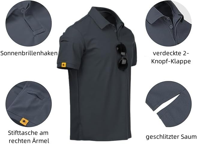 geeksport Poloshirt Herren Golf Kurzarm Freizeit Sport Polo Tennis Tshirts mit Brillenhalter Knopfle
