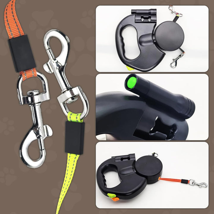Hundeleine für 2 Hunde, Automatisch Einziehbare Hunde Leine mit Taschenlampe und Taschenspender, Dop