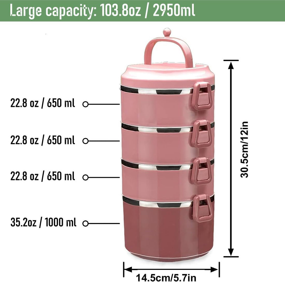 SANQIAHOME 4 Schichten Mehrschichtige stapelbare Edelstahl-Lunchbox,Auslaufsicher,rosa Rosa 4 Schich