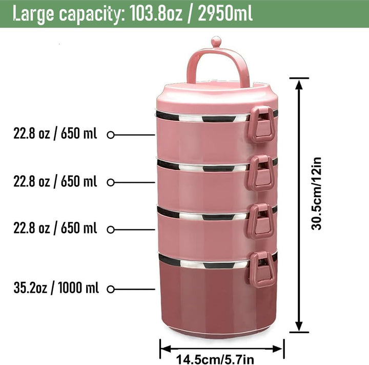 SANQIAHOME 4 Schichten Mehrschichtige stapelbare Edelstahl-Lunchbox,Auslaufsicher,rosa Rosa 4 Schich
