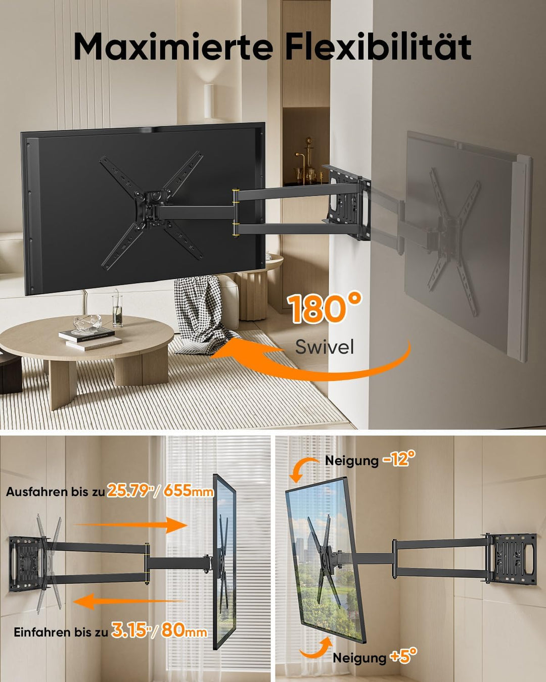 TV Wandhalterung mit 655mm Langem Arm für 13-50 Zoll Fernseher oder Monitor, 180° Drehung Fernsehhal
