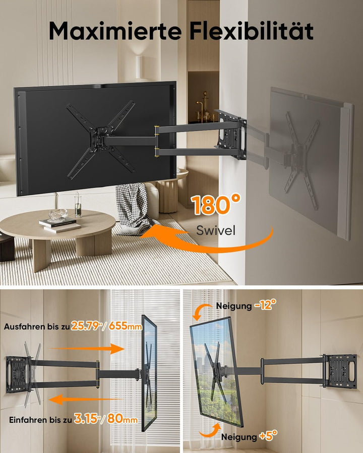 TV Wandhalterung mit 655mm Langem Arm für 13-50 Zoll Fernseher oder Monitor, 180° Drehung Fernsehhal
