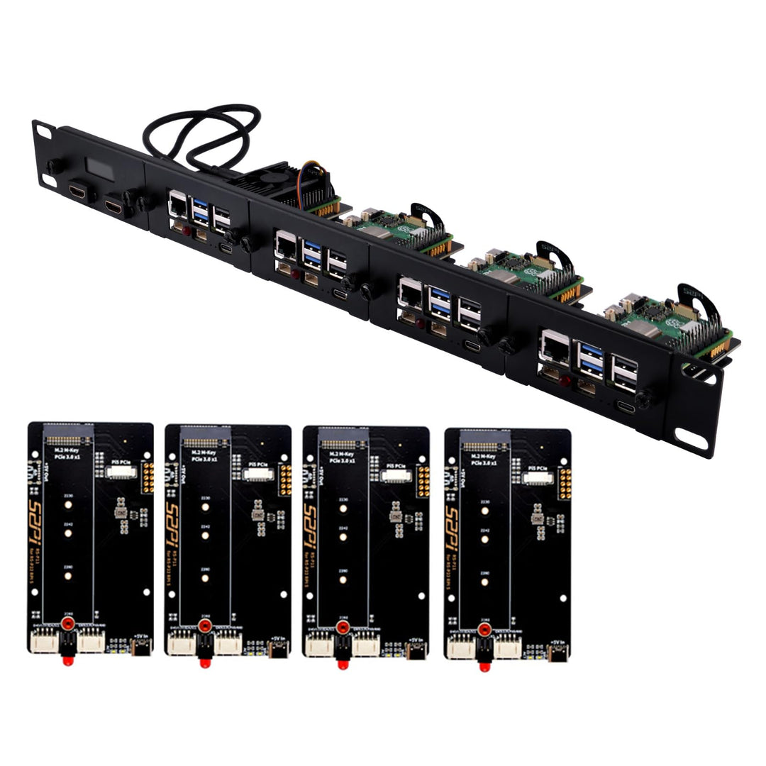 GeeekPi 19 Zoll 1U Rack-Halterung für Raspberry Pi 5, mit 4PCS PCIe auf M.2 NVMe SSD Adaptern, hält