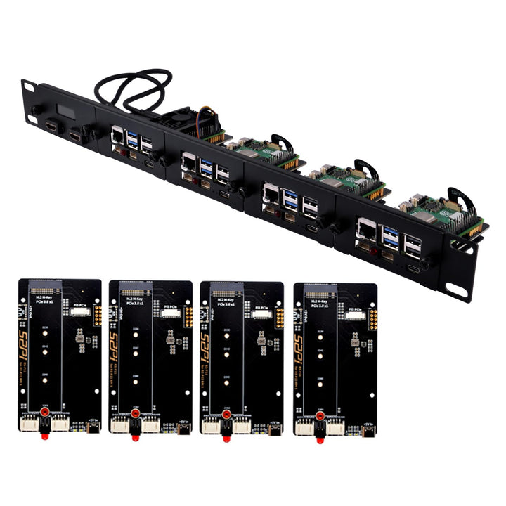 GeeekPi 19 Zoll 1U Rack-Halterung für Raspberry Pi 5, mit 4PCS PCIe auf M.2 NVMe SSD Adaptern, hält
