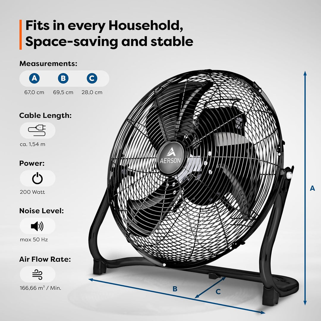 TRESKO AERSON Bodenventilator 60cm | Windmaschine mit 3-Leistungsstufen 200W | Standventilator Venti