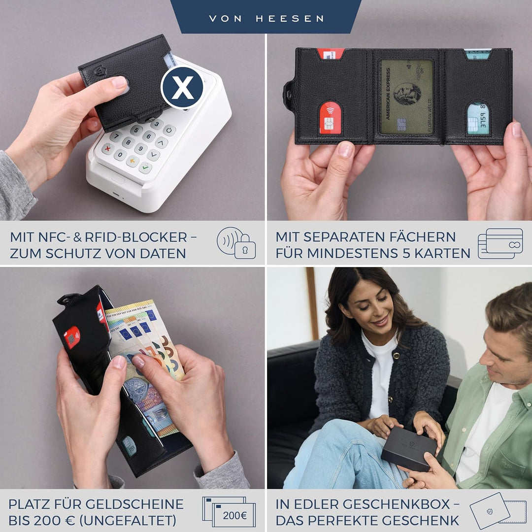 VON HEESEN Slim Wallet mit Münzfach &amp; RFID Schutz - kleine Geldbörse Herren &amp; Damen - Echtleder Kart