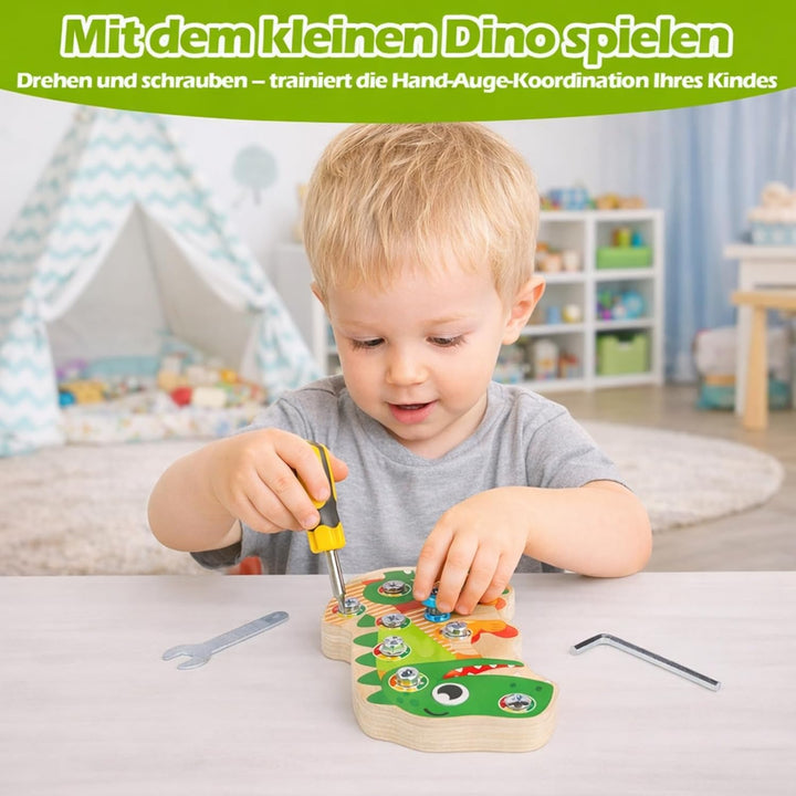 Montessori Dino Schraubbrett aus Holz – Busy Board Motorikbrett Lernspielzeug zur Förderung der Fein