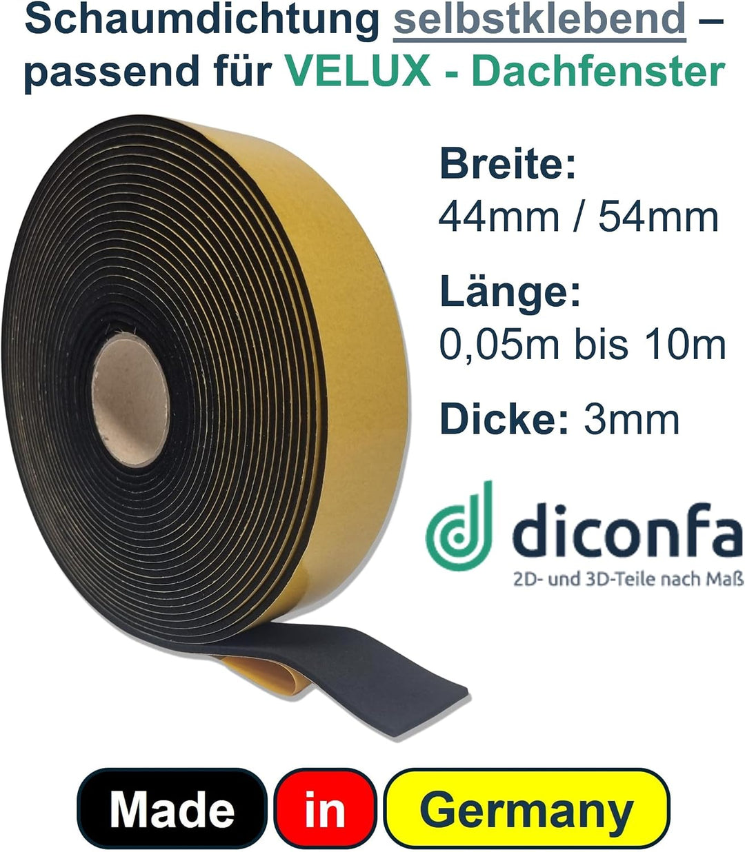diconfa PROFILINE Dachfenster Dichtung 3mm kompatibel mit VELUX - SEHR FLEXIBEL - 44mm 54mm BREIT 0,