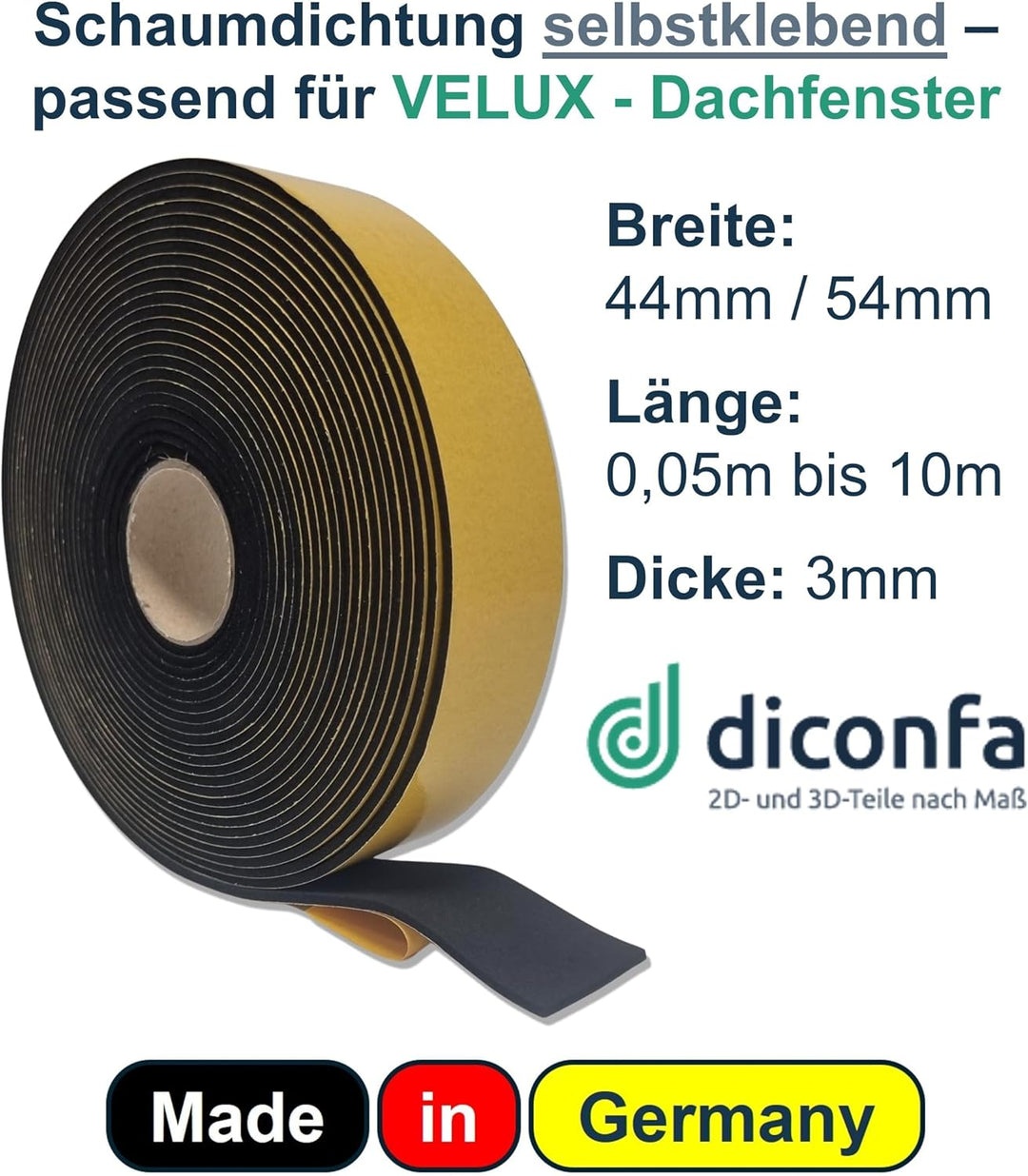 diconfa PROFILINE Dachfenster Dichtung 3mm kompatibel mit VELUX - SEHR FLEXIBEL - 44mm 54mm BREIT 0,