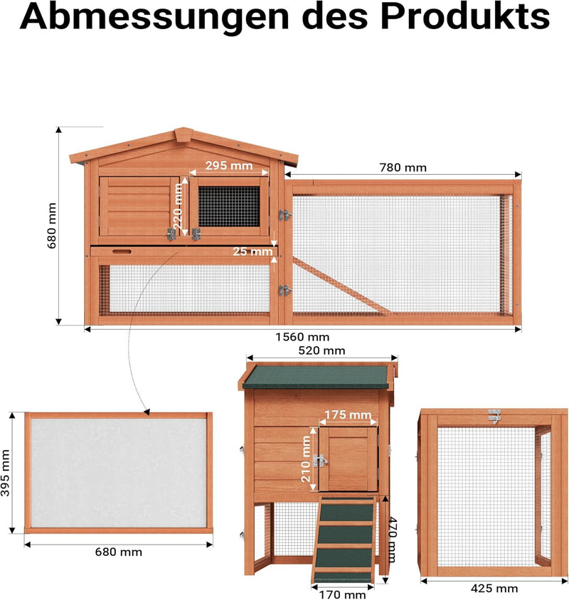 Wiltec XXL Hasenstall 1560 x 520 x 680 mm mit Freilaufgehege und erhöhtem Unterschlupf aus Fichtenho