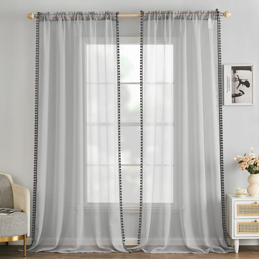 MIULEE Gardinen mit Pompons-Hübsche Grau Transparent Gardinen für Kinderzimmer Mädchen, 2 Stücke Vor